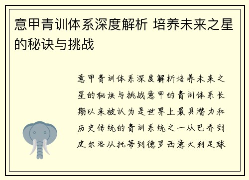 意甲青训体系深度解析 培养未来之星的秘诀与挑战